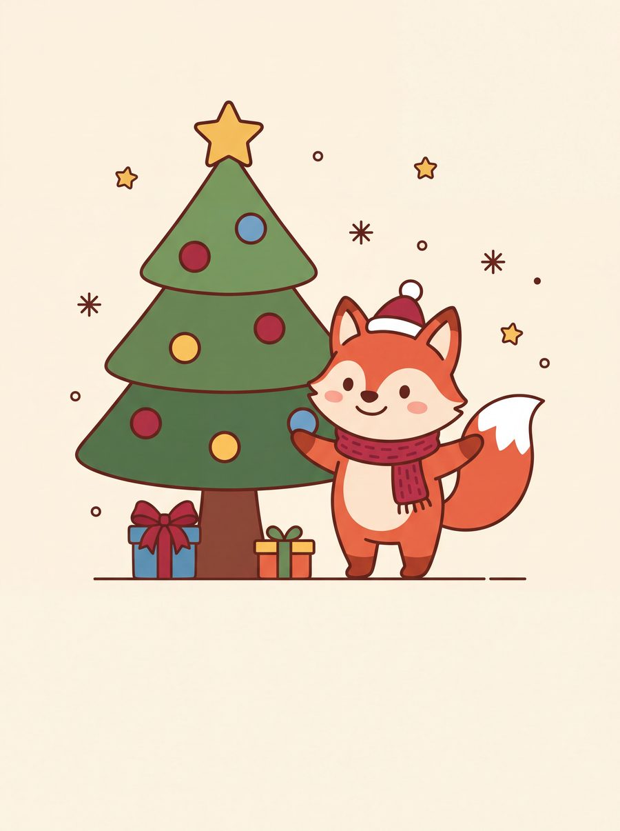 Raposinha mascote ao lado de uma árvore de Natal e presentes