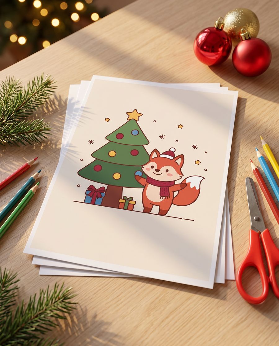 O kit de Natal impresso sobre uma mesa, com a capa por cima