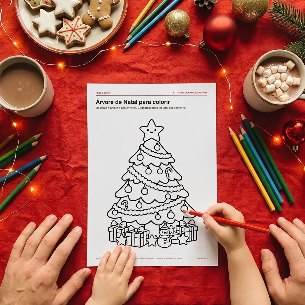 Mãos usando o kit Kit Tarde de Natal em Família, impresso em folha A4